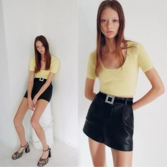 Zara Fuzzy Yellow Cropped Sweater Size Large NWT Scoop Neck Spring Faux Mohair - Picture 3 of 13